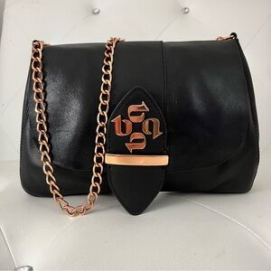 Ted Baker Black Genuine Leather Bag with Rose Gold Chain Shoulder Strap/Hardware